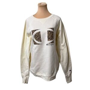 Champion Sweatshirt XL Cream Leopard Print Logo Pullover Athleisure Streetwear